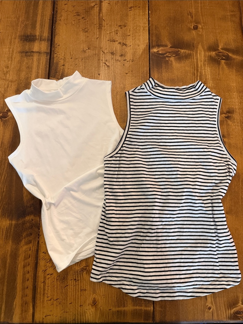 Women's Sleeveless Mock Neck Tank Top - White & Black Stripe